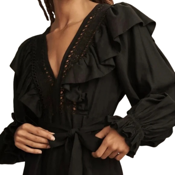 NWT Farm Rio Black Laces & Ruffle V-Neck Linen-Blend Jumpsuit (XS) - Picture 2 of 10